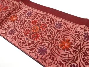 手織り真綿紬花葉模様織出し名古屋帯